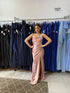 VESTIDO TOMARA QUE CAIA DRAPEADO LATERAL VESTIDO DE FESTA PETRA FINA ROSE P